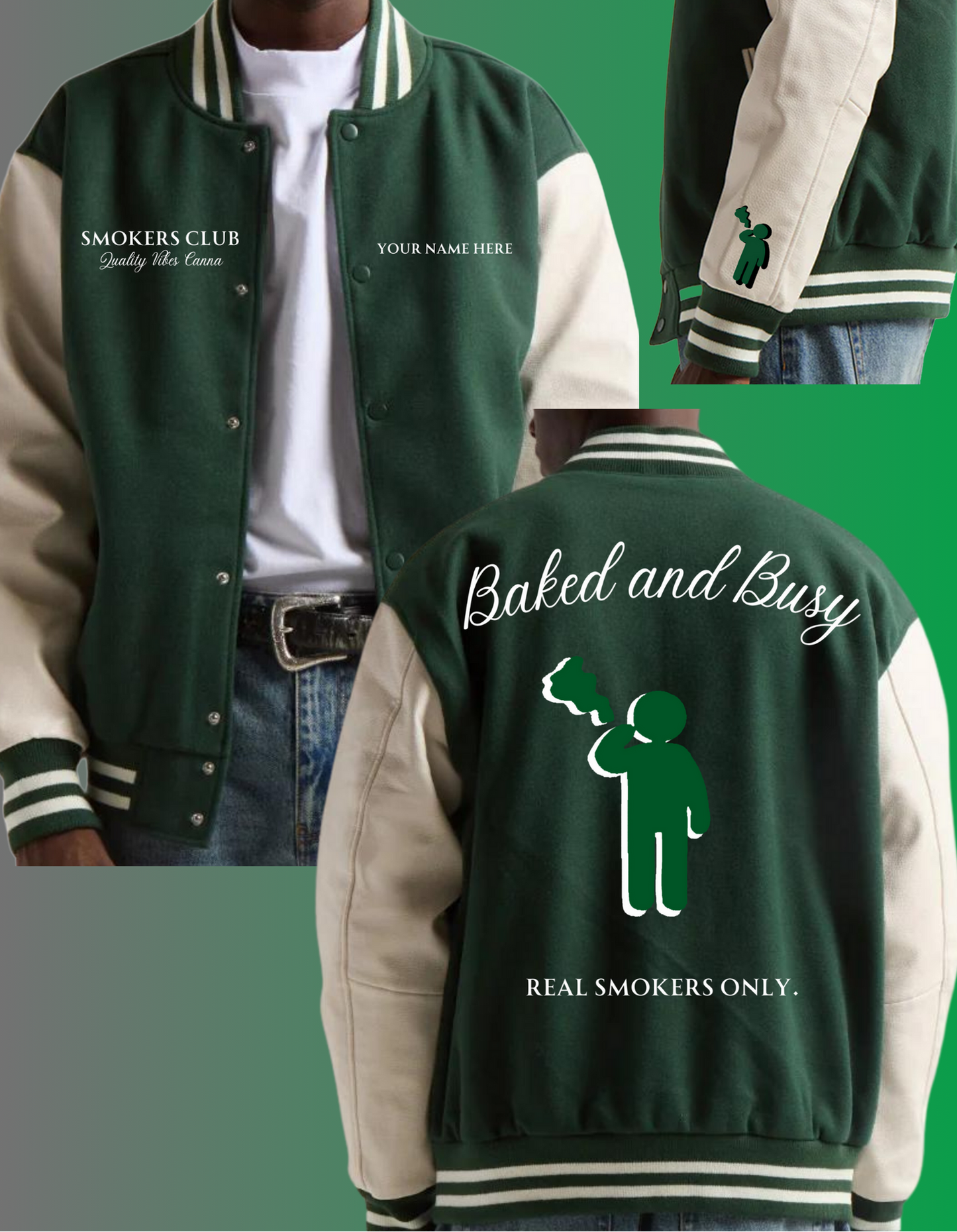 Baked & Busy Smokers Club Embroidered Varsity Jacket